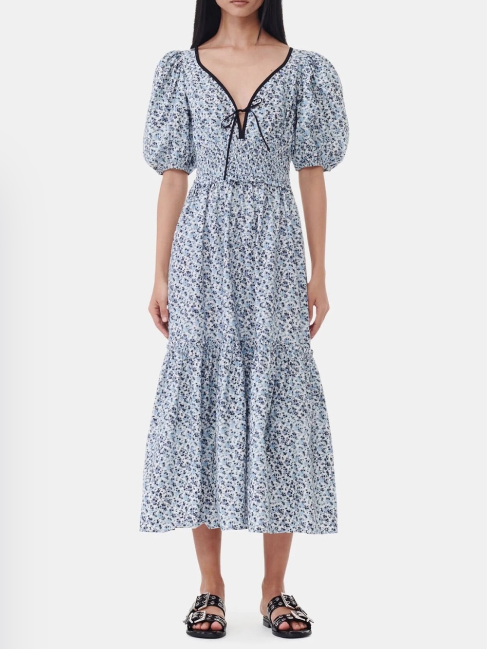 NWT GANNI Blue Floral Printed Cotton Long Smock Dress | Glacier Lake